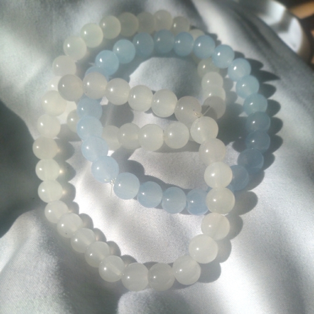 3pc white and blue glass bead bracelets.